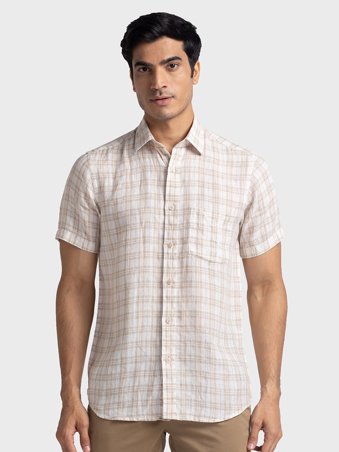 

ColorPlus Tailored Fit Tartan Checks Spread Collar Short Sleeves Shirt, Beige