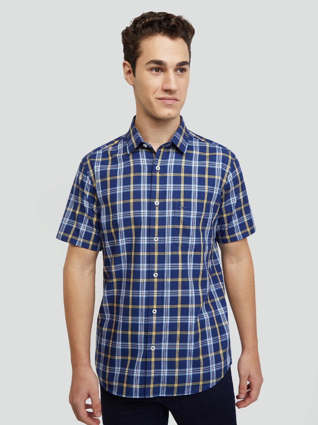 

ColorPlus Spread Collar Short Sleeves Tartan Checked Tailored Fit Cotton Casual Shirt, Blue