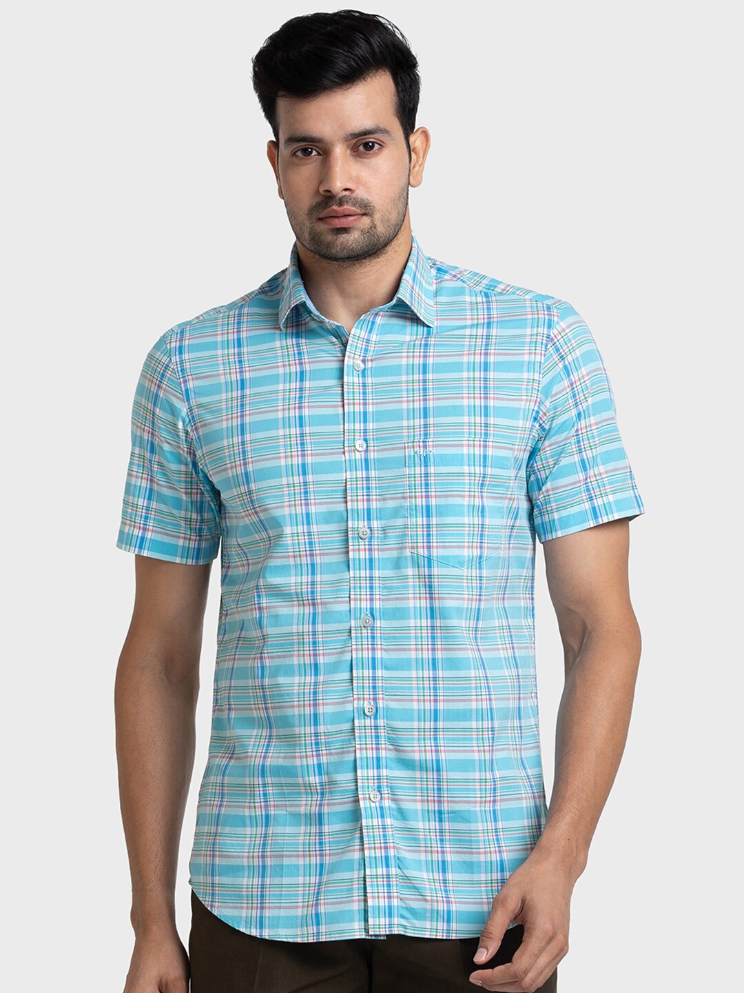 

ColorPlus Tailored Fit Tartan Checked Pure Cotton Casual Shirt, Blue
