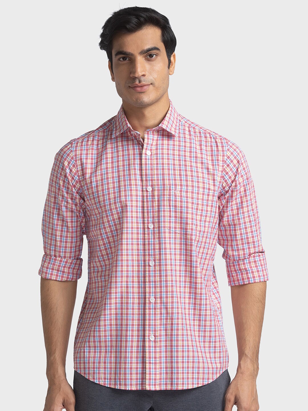 

ColorPlus Tailored Fit Checked Spread Collar Long Sleeves Casual Shirt, Red