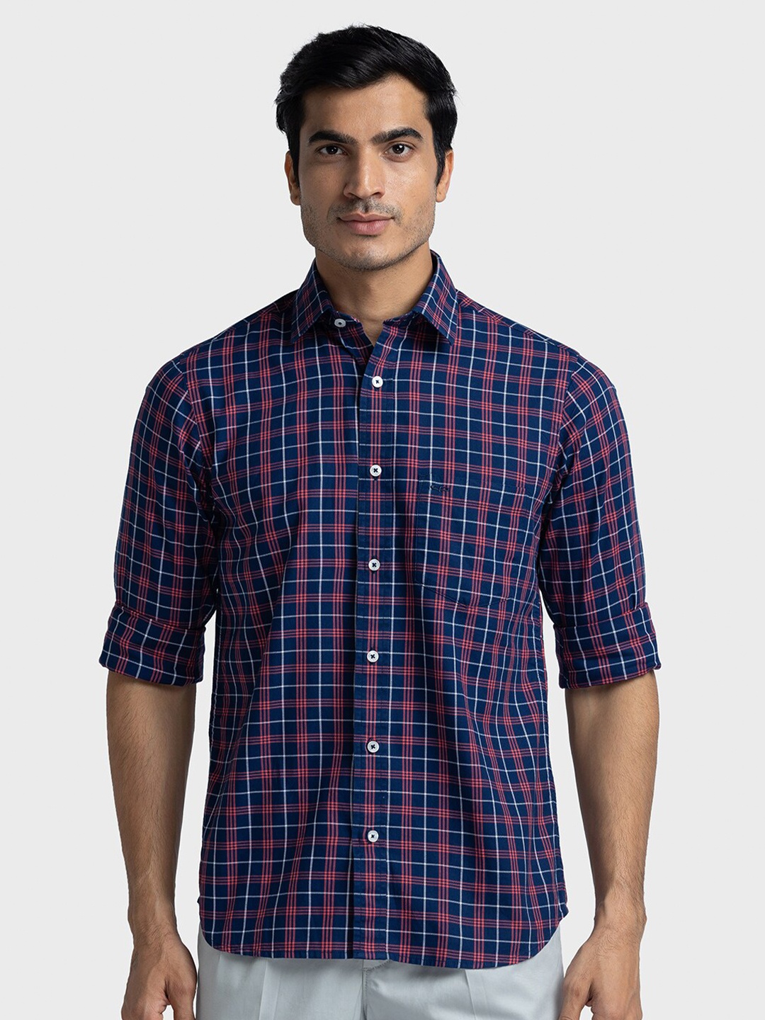 

ColorPlus Tailored Fit Tartan Checks Checked Cotton Casual Shirt, Blue