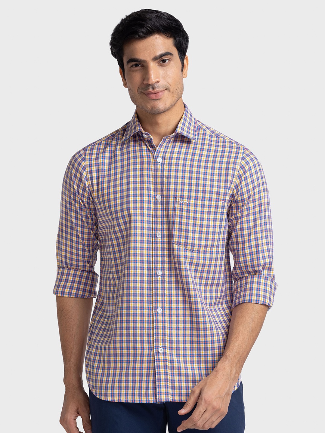 

ColorPlus Tailored Fit Shepherd Checked Spread Collar Cotton Casual Shirt, Yellow