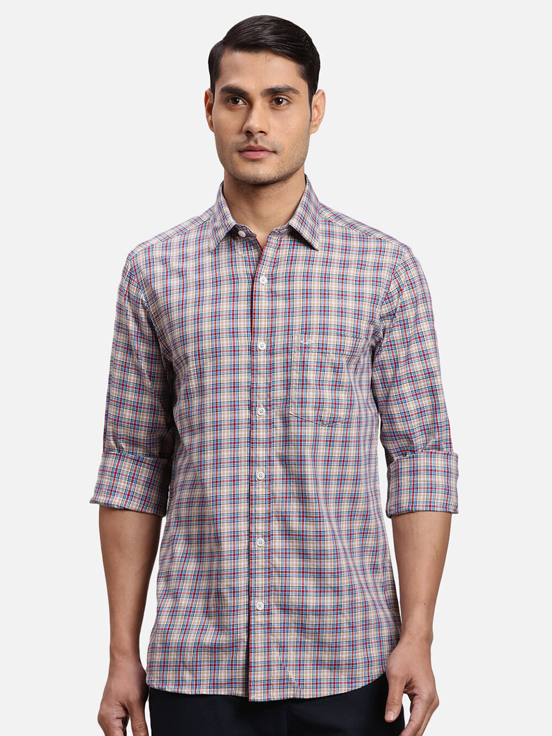 

ColorPlus Checked Spread Collar Regular Fit Shirt, Beige