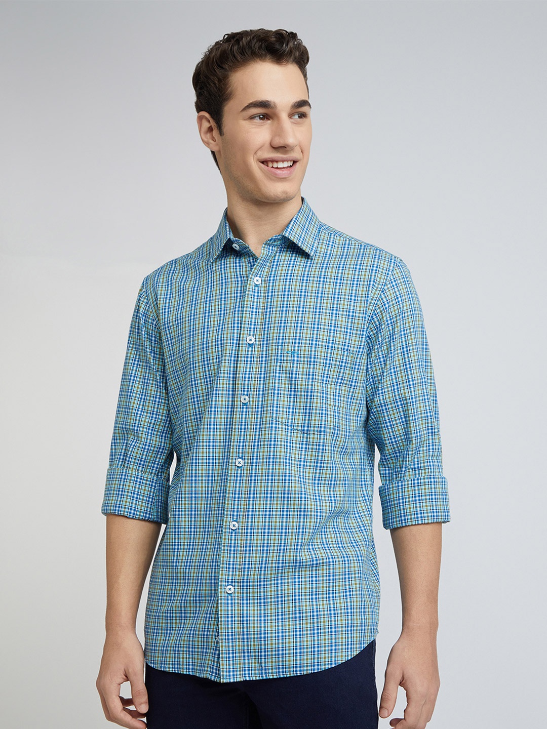 

ColorPlus Grid Tattersall Checks Spread Collar Full Sleeves Cotton Shirt, Blue
