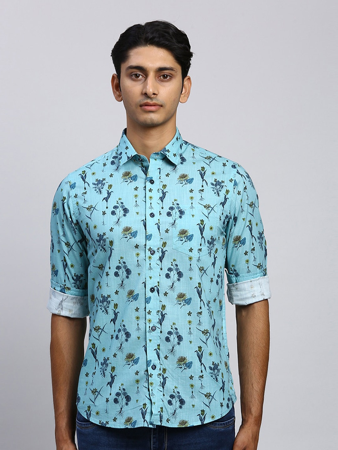 

ColorPlus Men Floral Printed Spread Collar Cotton Casual Shirt, Green