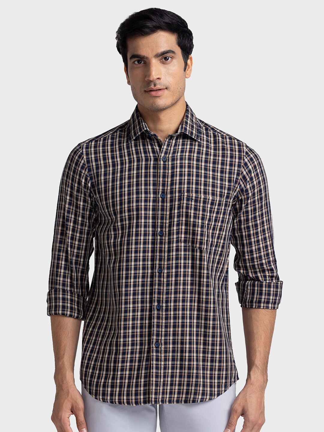 

ColorPlus Tailored Fit Checked Pure Cotton Casual Shirt, Black