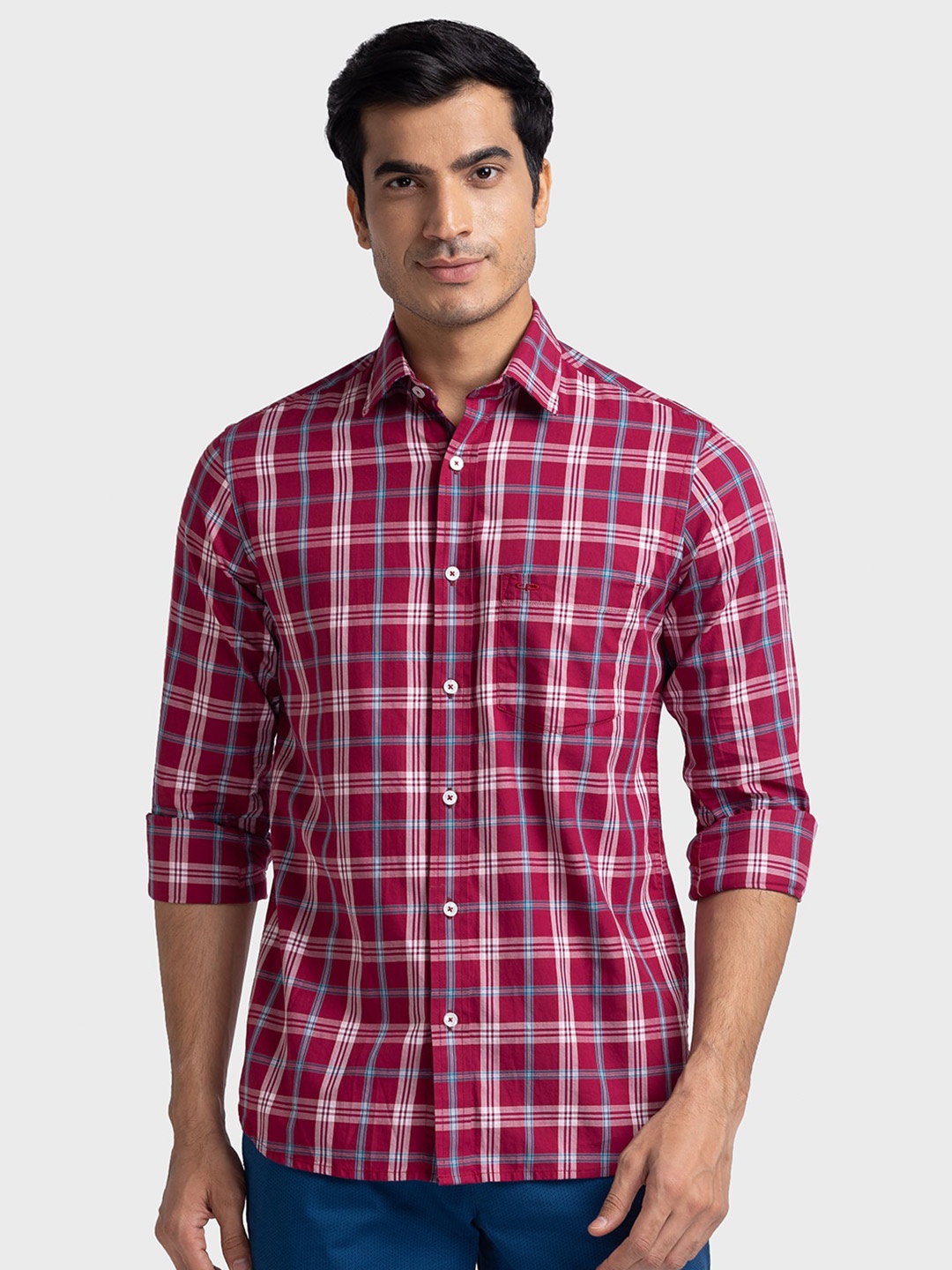 

ColorPlus Spread Collar Long Sleeves Tartan Checked Tailored Fit Cotton Casual Shirt, Red