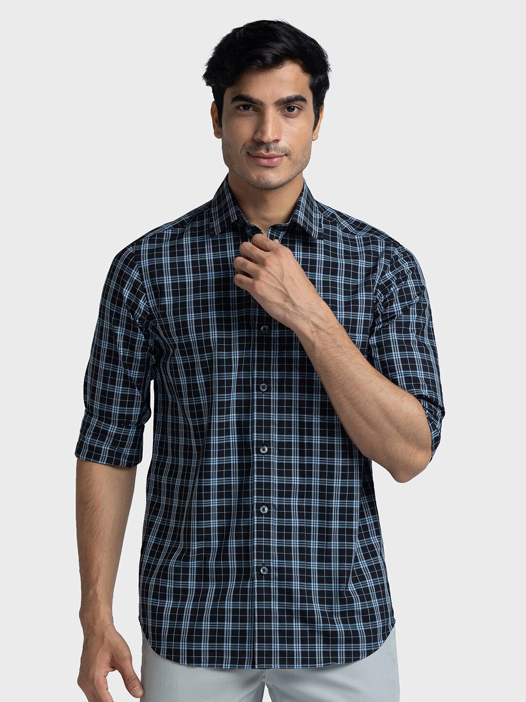 

ColorPlus Tartan Checks Spread Collar Tailored Fit Shirt, Black