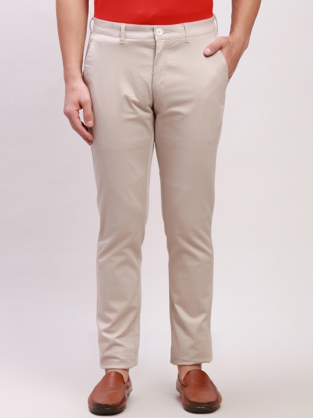 ColorPlus Men Mid-Rise Zip Flat-Front Cotton Slim Fit Regular Trouser, Red