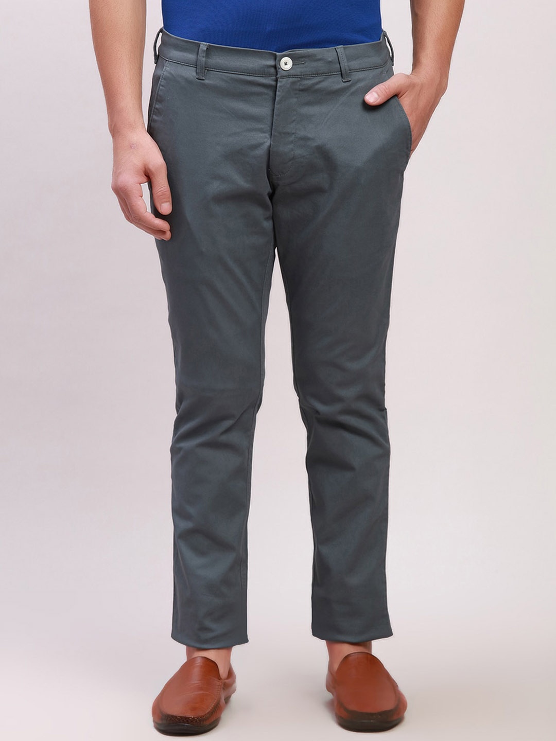 

ColorPlus Men Super Slim Fit Mid-Rise Regular Trousers, Green