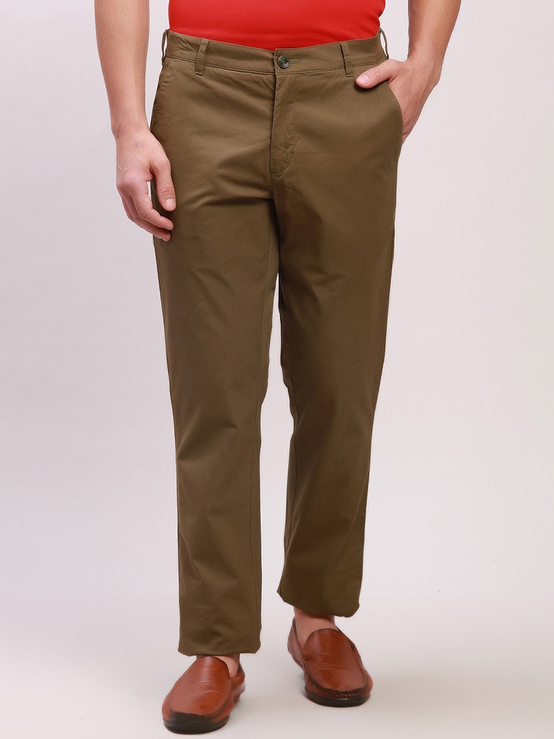 ColorPlus Solid Mid-Rise Regular Fit Chinos Cotton Trousers, Green