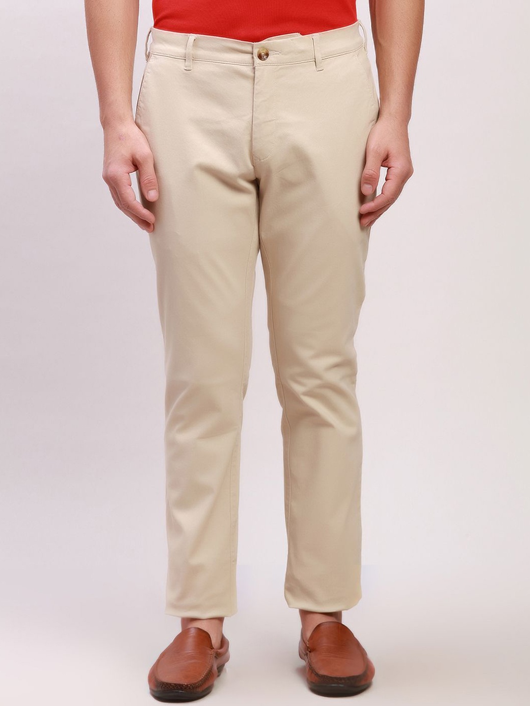 

ColorPlus Men Mid-Rise Zip Flat-Front Cotton Slim Fit Regular Trouser, Beige