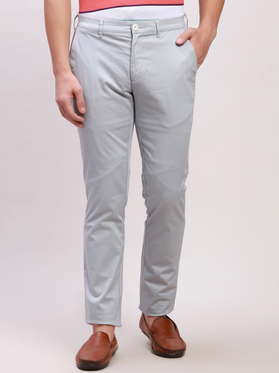 

ColorPlus Men Mid-Rise Zip Flat-Front Cotton Slim Fit Regular Trouser, Grey