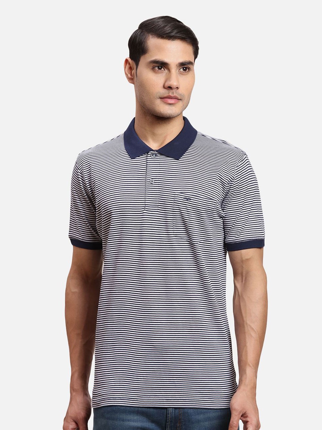 

ColorPlus Striped Polo Collar Short Sleeves Cotton T-shirt, Blue