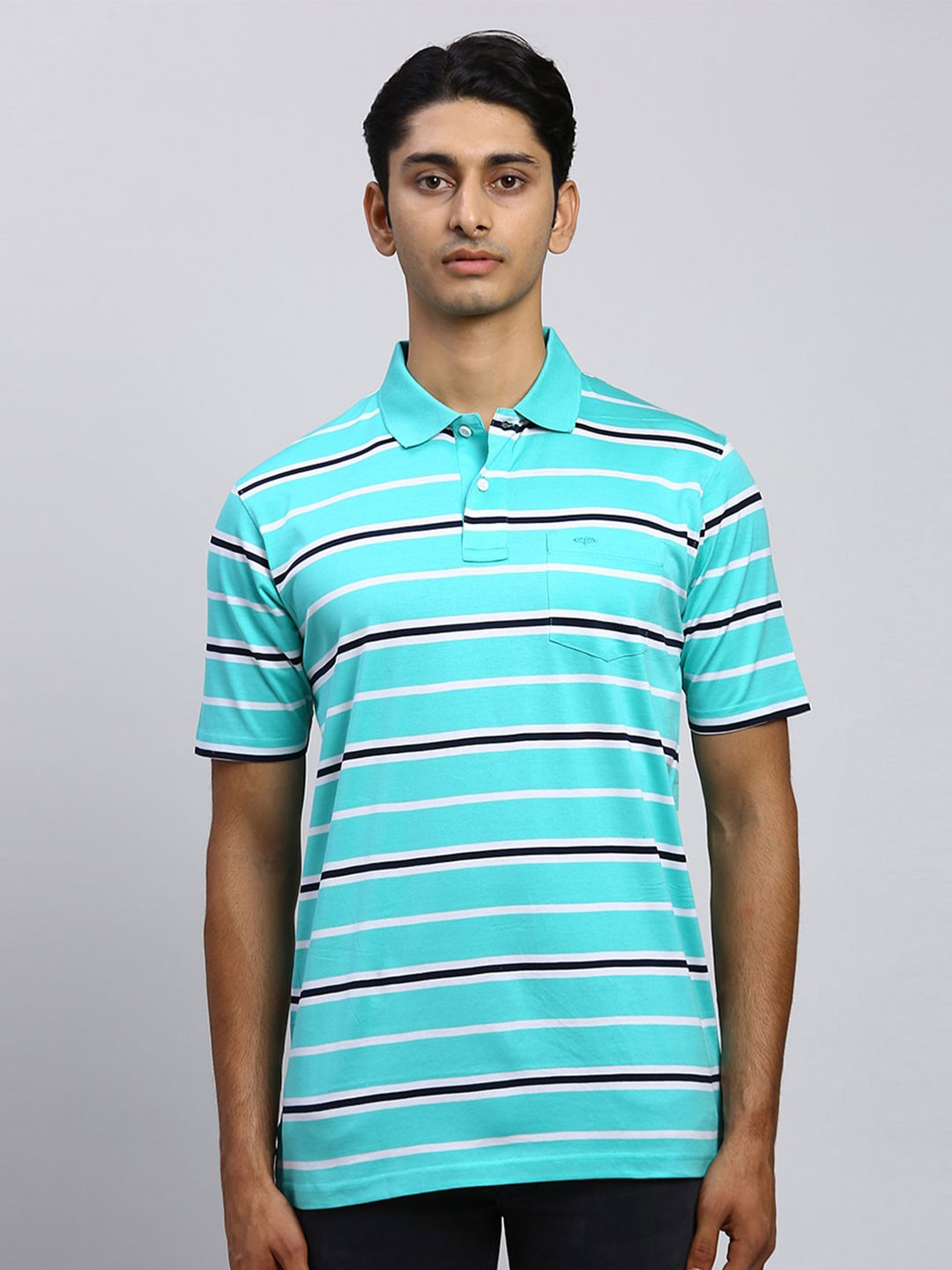 

ColorPlus Striped Polo Collar Short Sleeves Cotton Classic Fit T-shirt, Blue