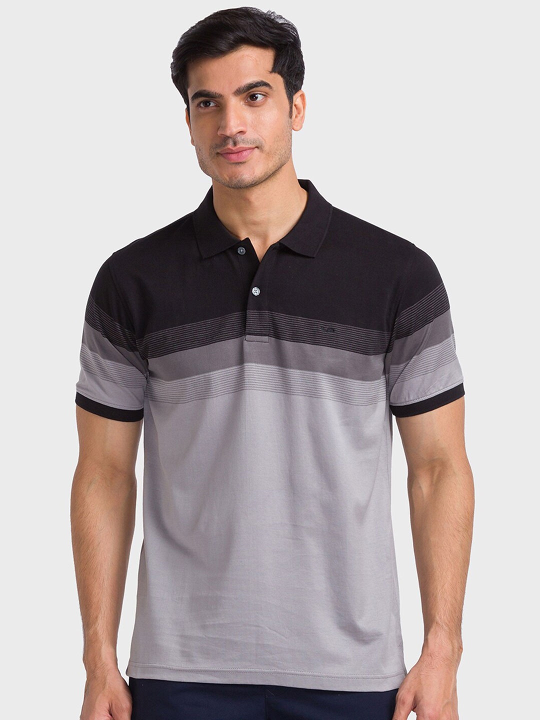 

ColorPlus Colourblocked Woven Design Polo Colla Tailored Fit Cotton T-shirt, Black