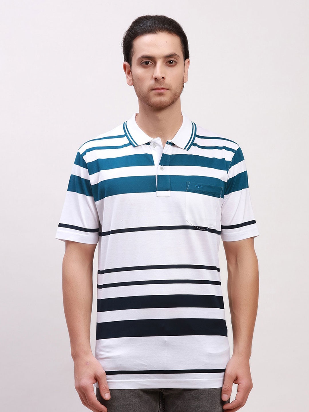 

ColorPlus Striped Polo Collar Short Sleeves Cotton Classic Fit T-shirt, White