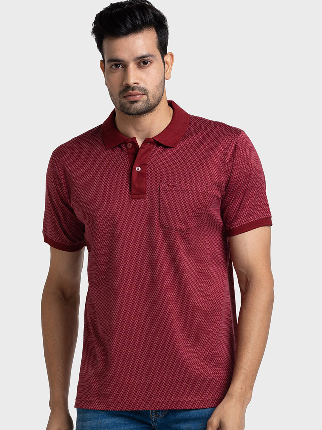 

ColorPlus Woven Design Polo Collar Tailored Fit Cotton T-shirt, Maroon