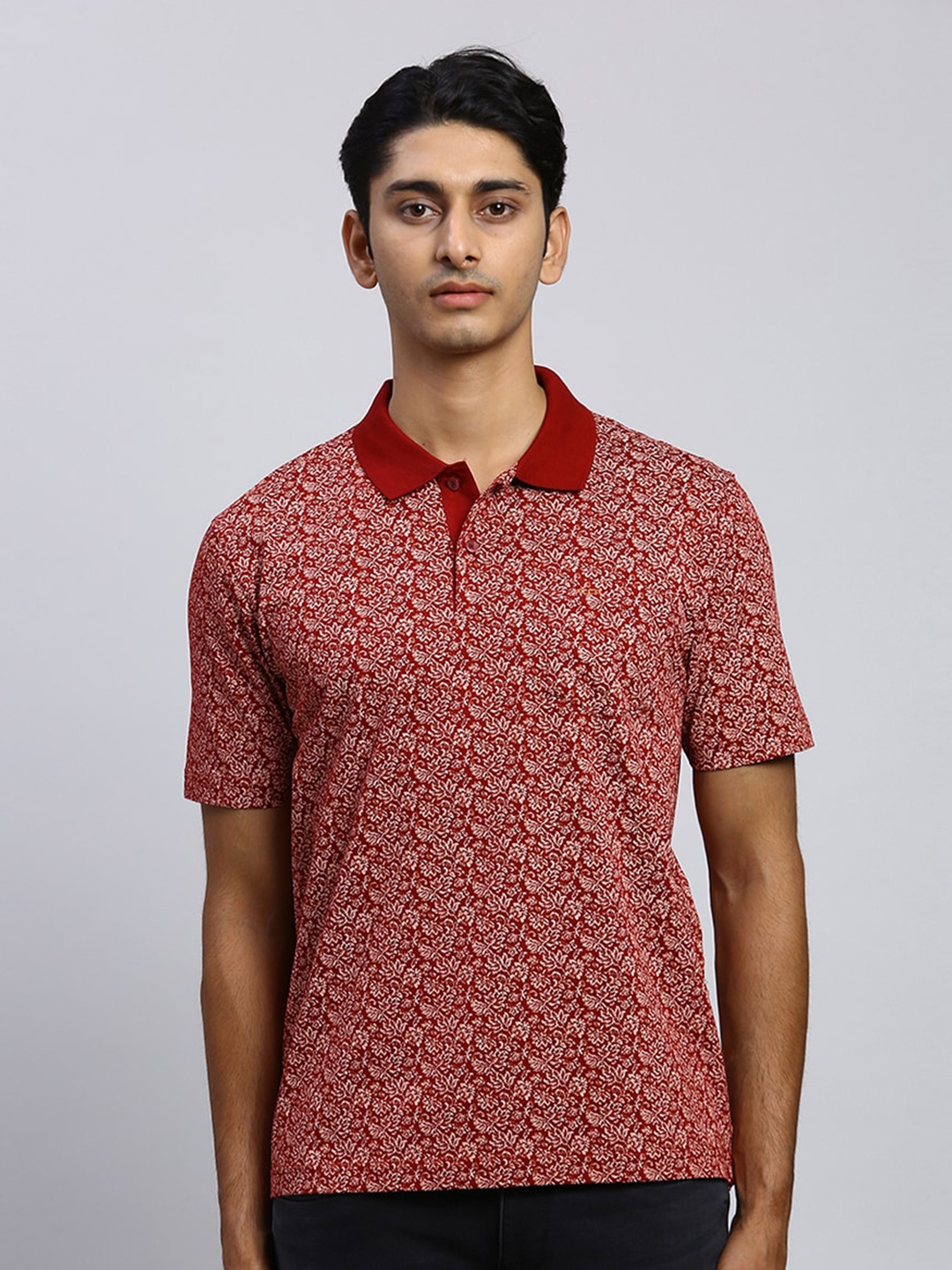 

ColorPlus Floral Printed Polo Collar Classic Fit Cotton T-shirt, Maroon