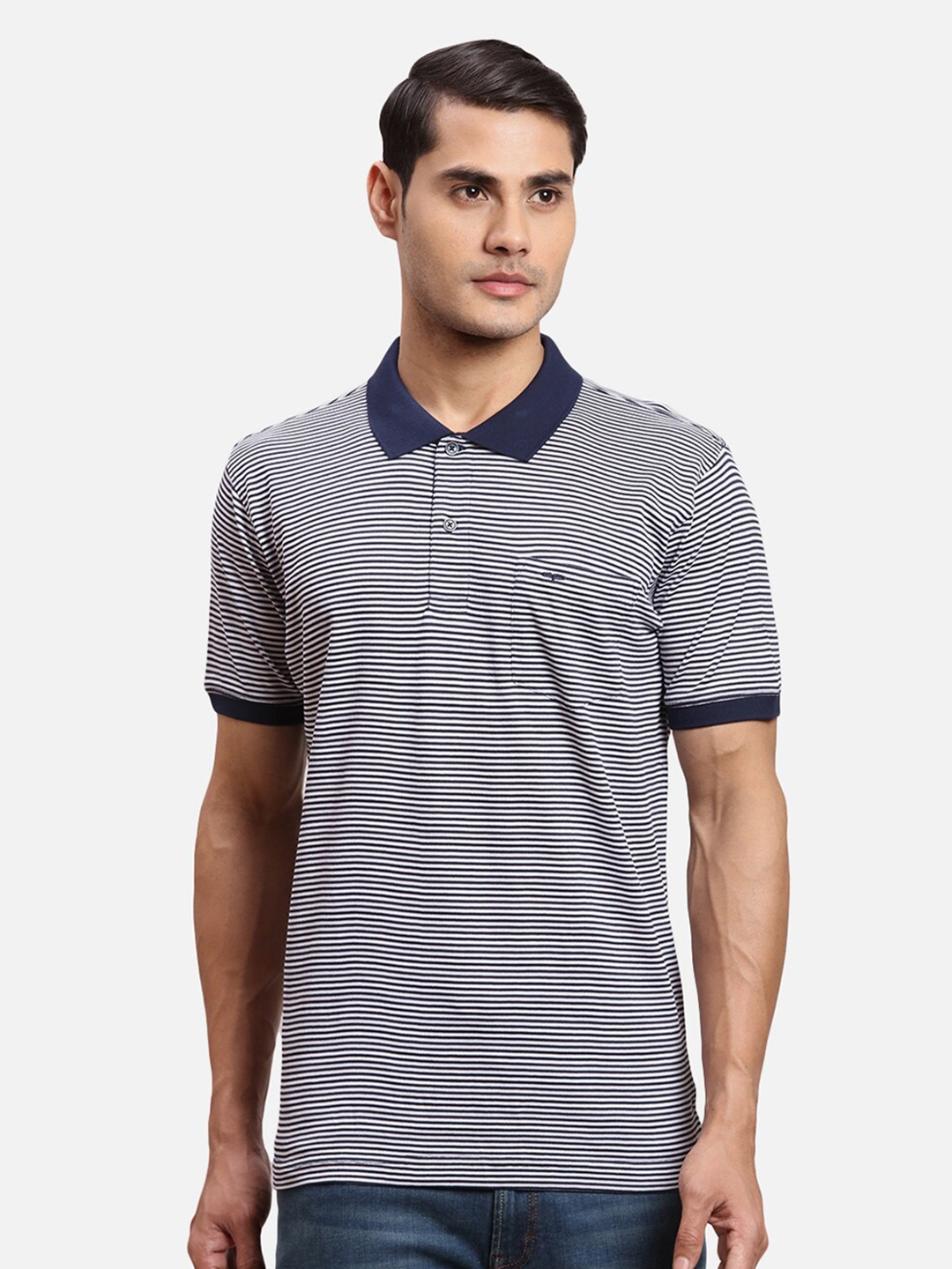 

ColorPlus Striped Polo Collar Short Sleeves Regular Fit Cotton T-shirt, Navy blue