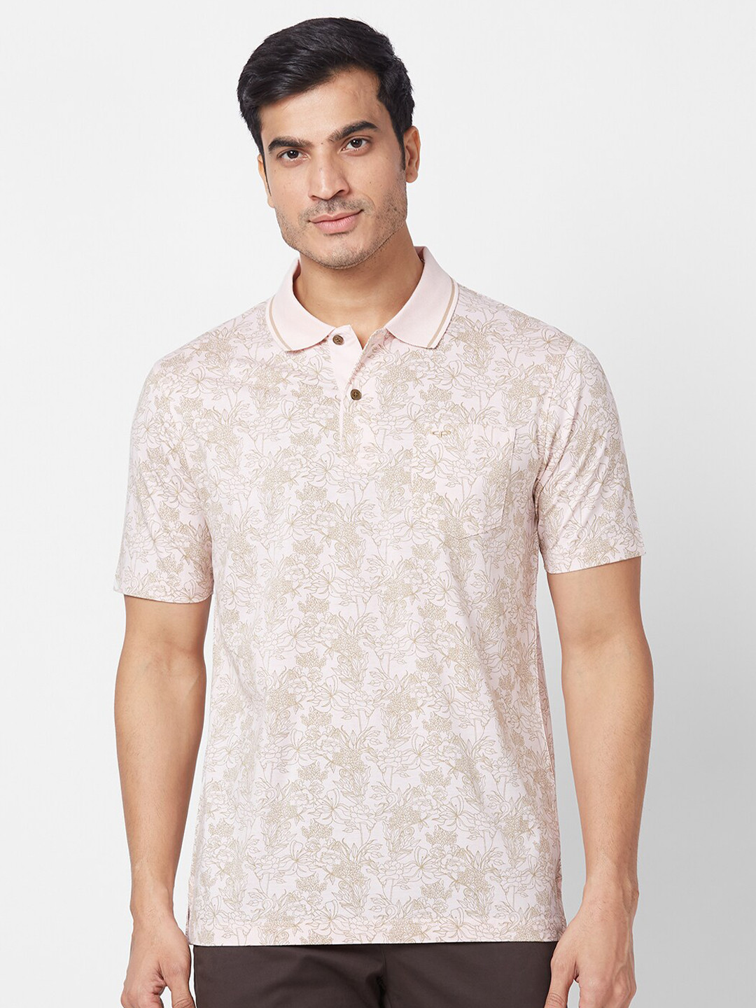 

ColorPlus Floral Printed Polo Collar Short Sleeves Classic Fit CottonT-shirt, Brown