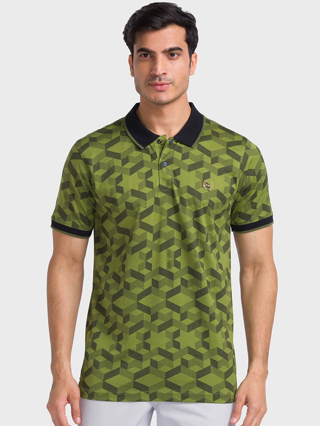 

ColorPlus Geometric Printed Polo Collar Tailored Fit cotton T-shirt, Green