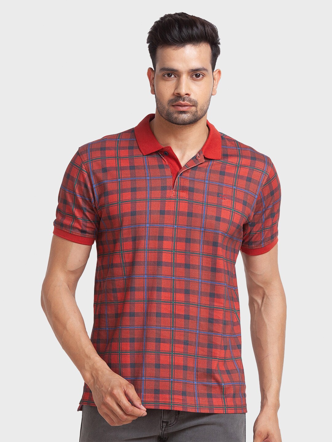 

ColorPlus Checked Polo Collar Tailored Fit Cotton T-shirt, Red