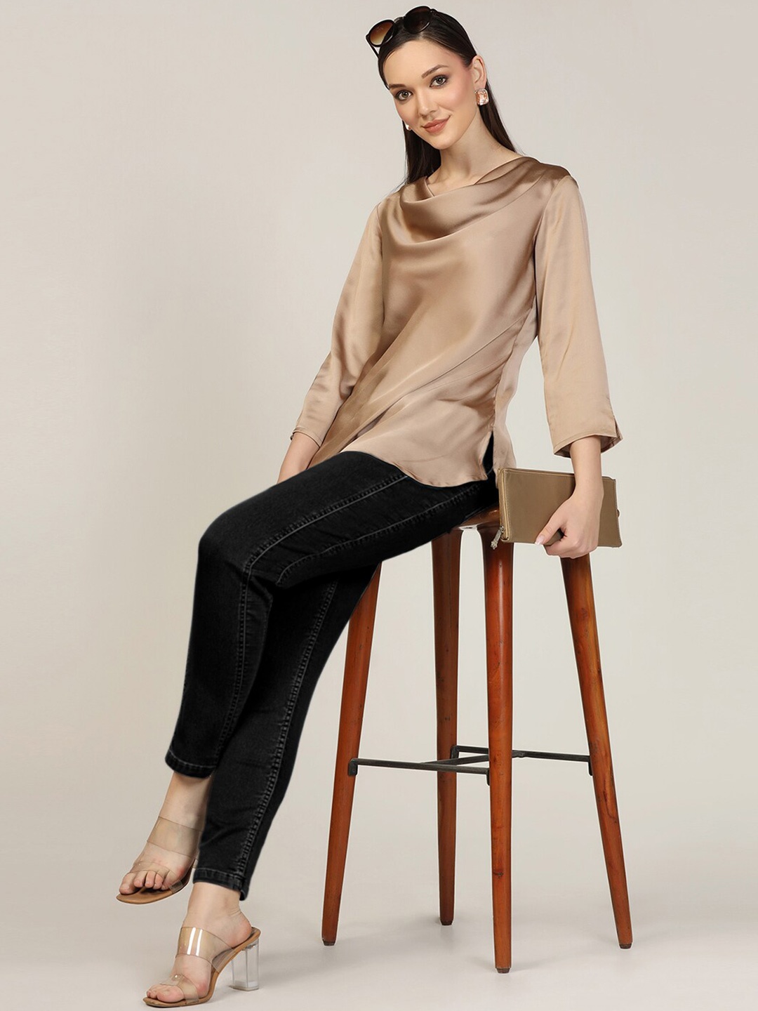

Mustard Satin Cowl Neck Top, Beige