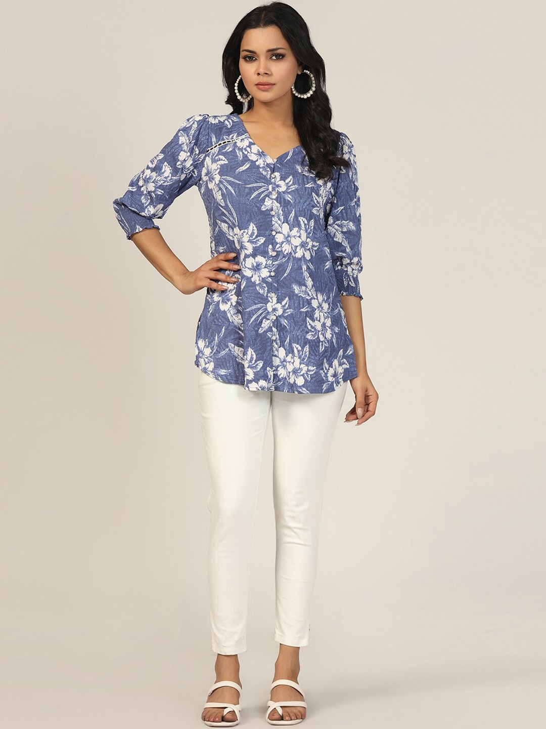 

Mustard Floral Print V-Neck Cuffed Sleeves Crepe Shirt Style Top, Blue