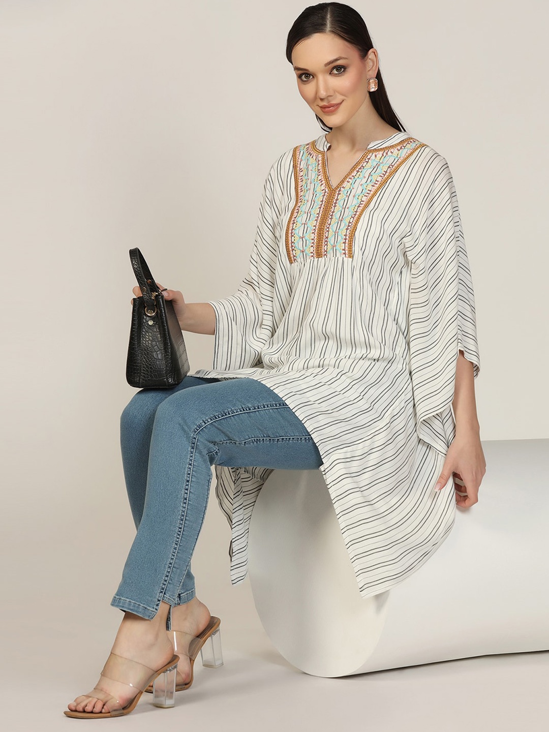 

Mustard Vertical Striped Bell Sleeve Top, White
