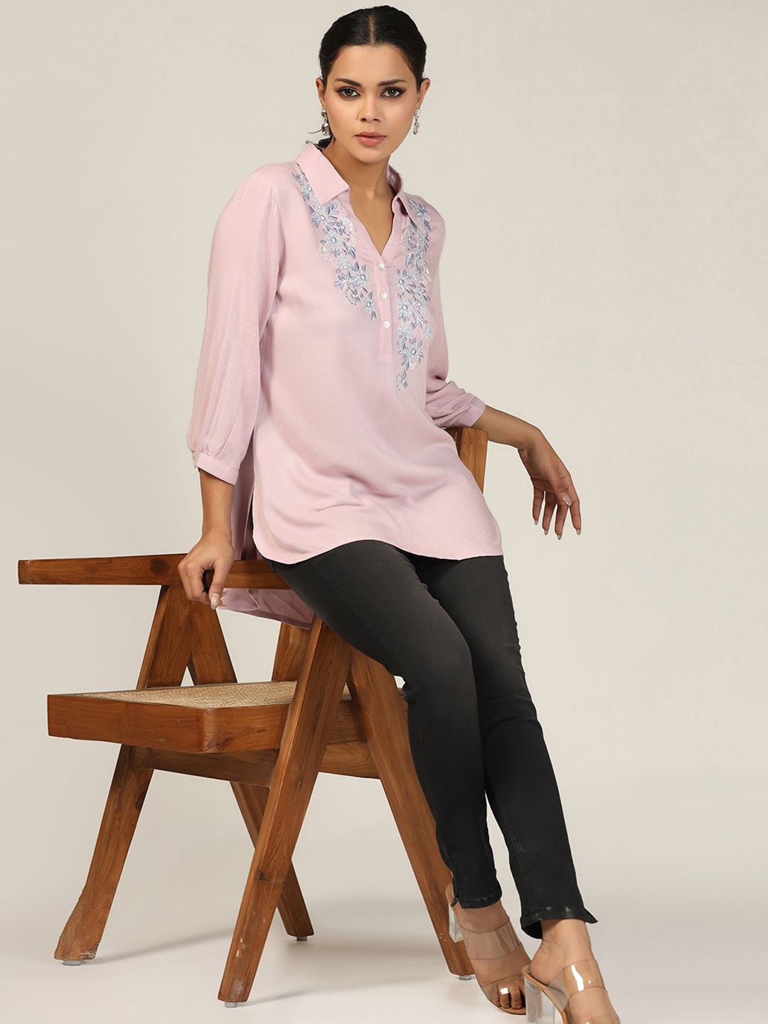 

Mustard Floral Embroidered Mandarin Collar Shirt Style Top, Lavender