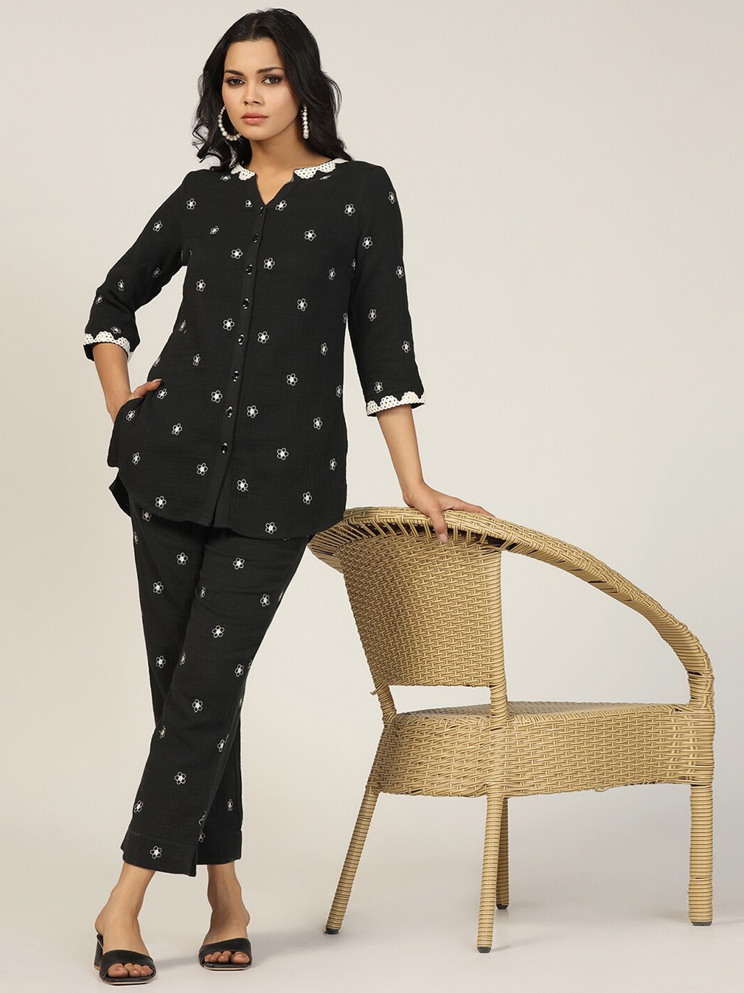 

Mustard Floral Embroidered Mandarin Collar Cotton Top, Black