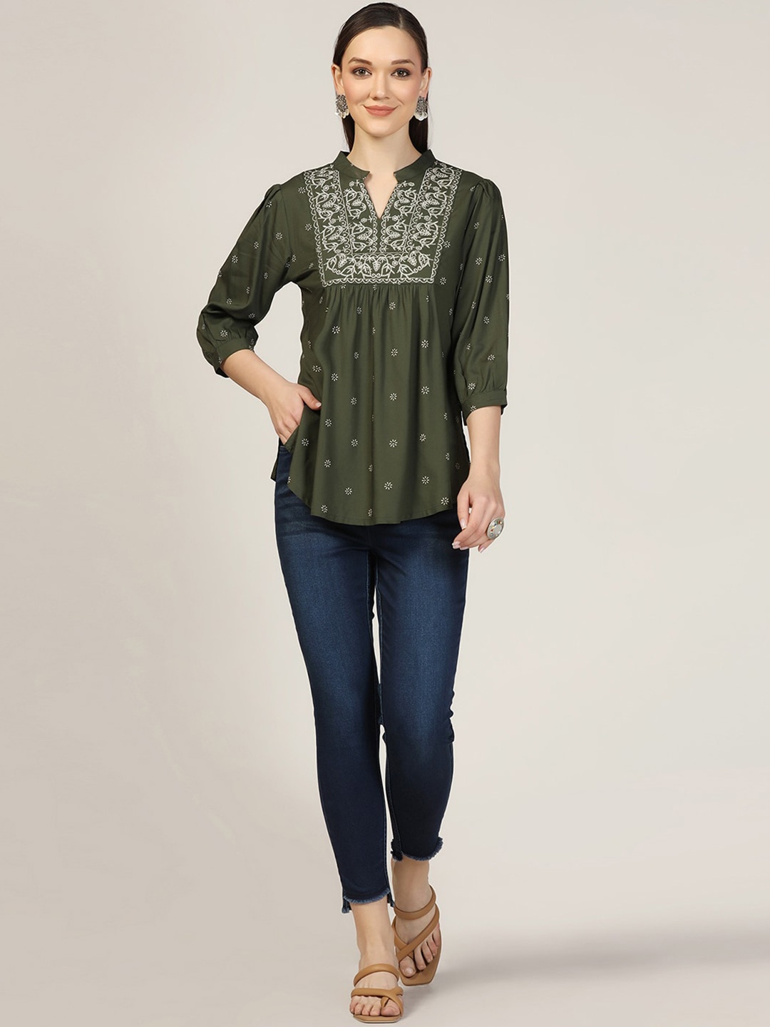 

Mustard Floral Embroidered Mandarin Collar Cuffed Sleeves Pleated Top, Olive