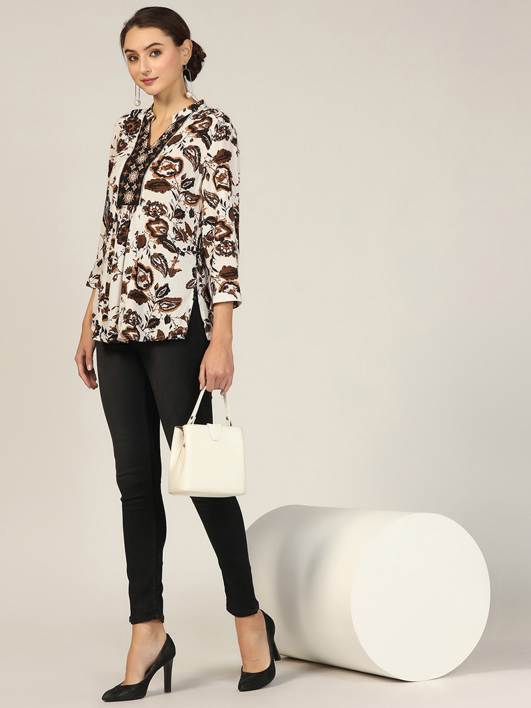 

Mustard Floral Printed Embroidered Pleated Mandarin Collar Regular Top, Brown