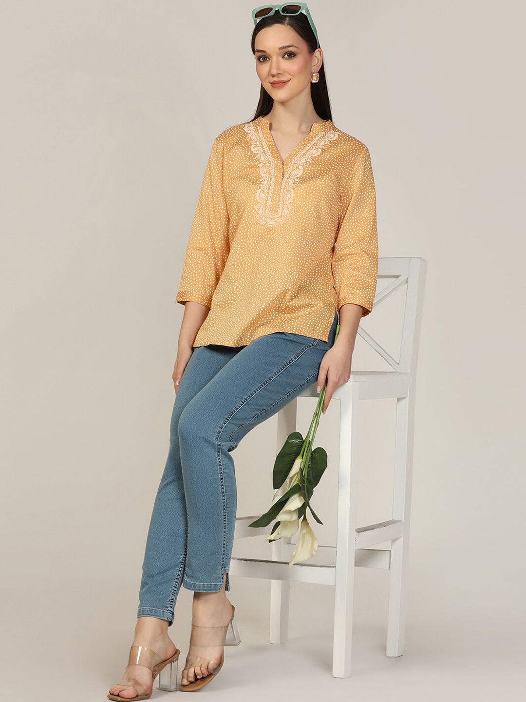 

Mustard Floral Embroidered Mandarin Collar Regular Top