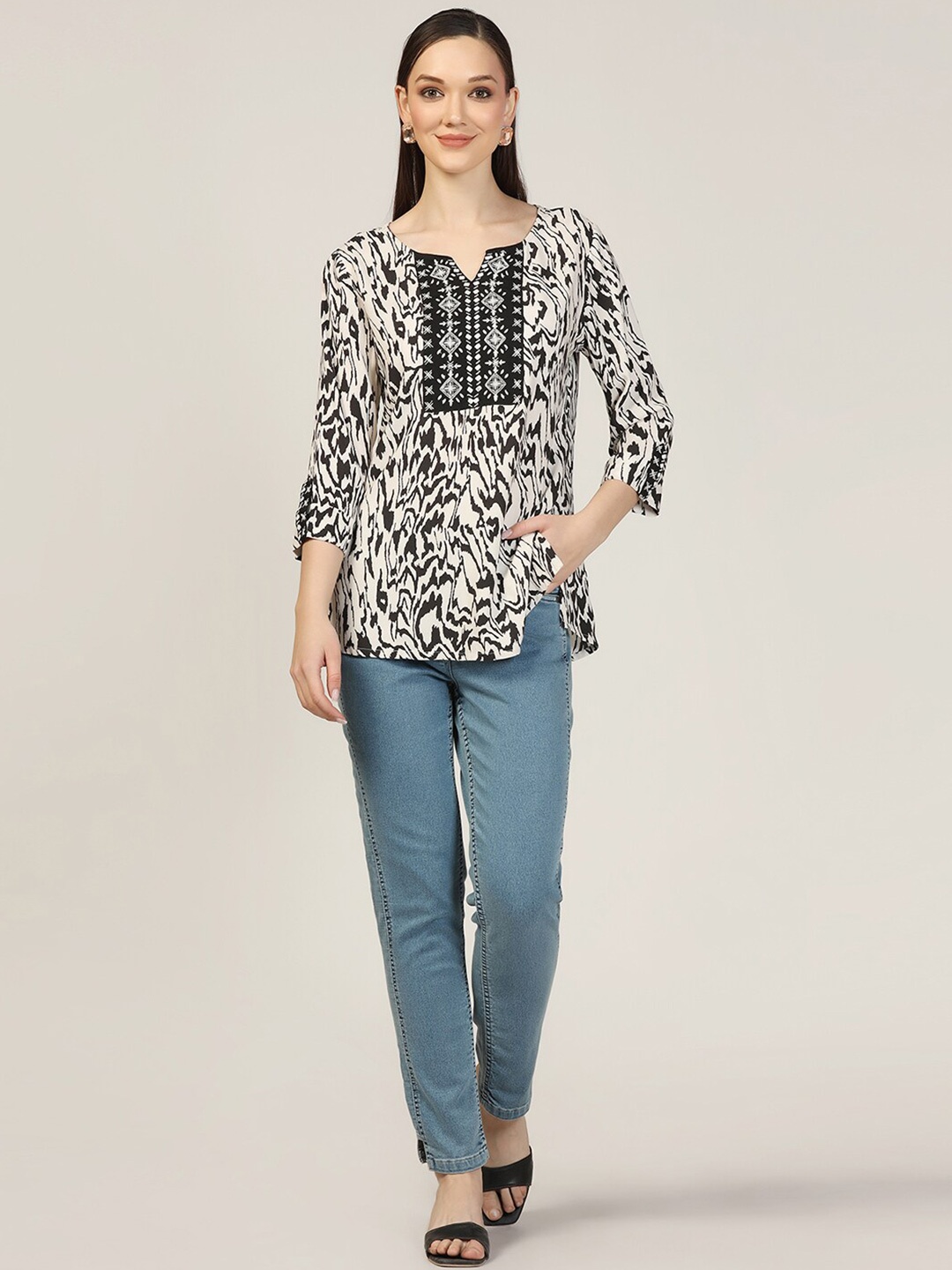 

Mustard Abstract Printed Embroidered Roll-Up Sleeves Top, White