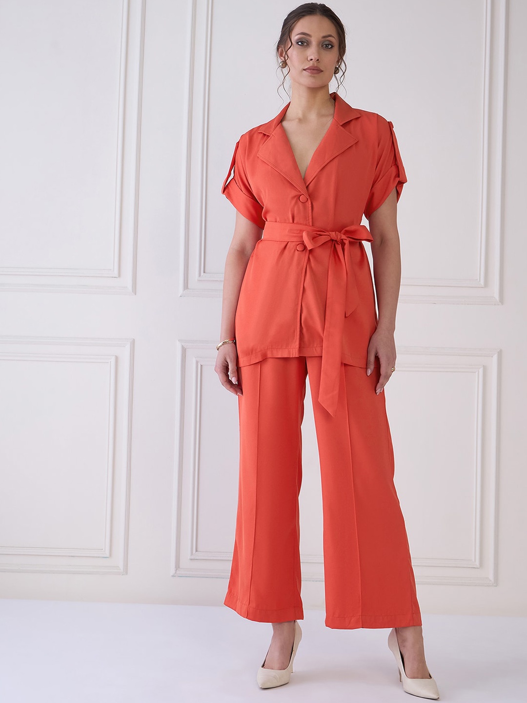 

Antheaa Elit Cuban Collar Short Sleeved Coat & Trousers, Orange