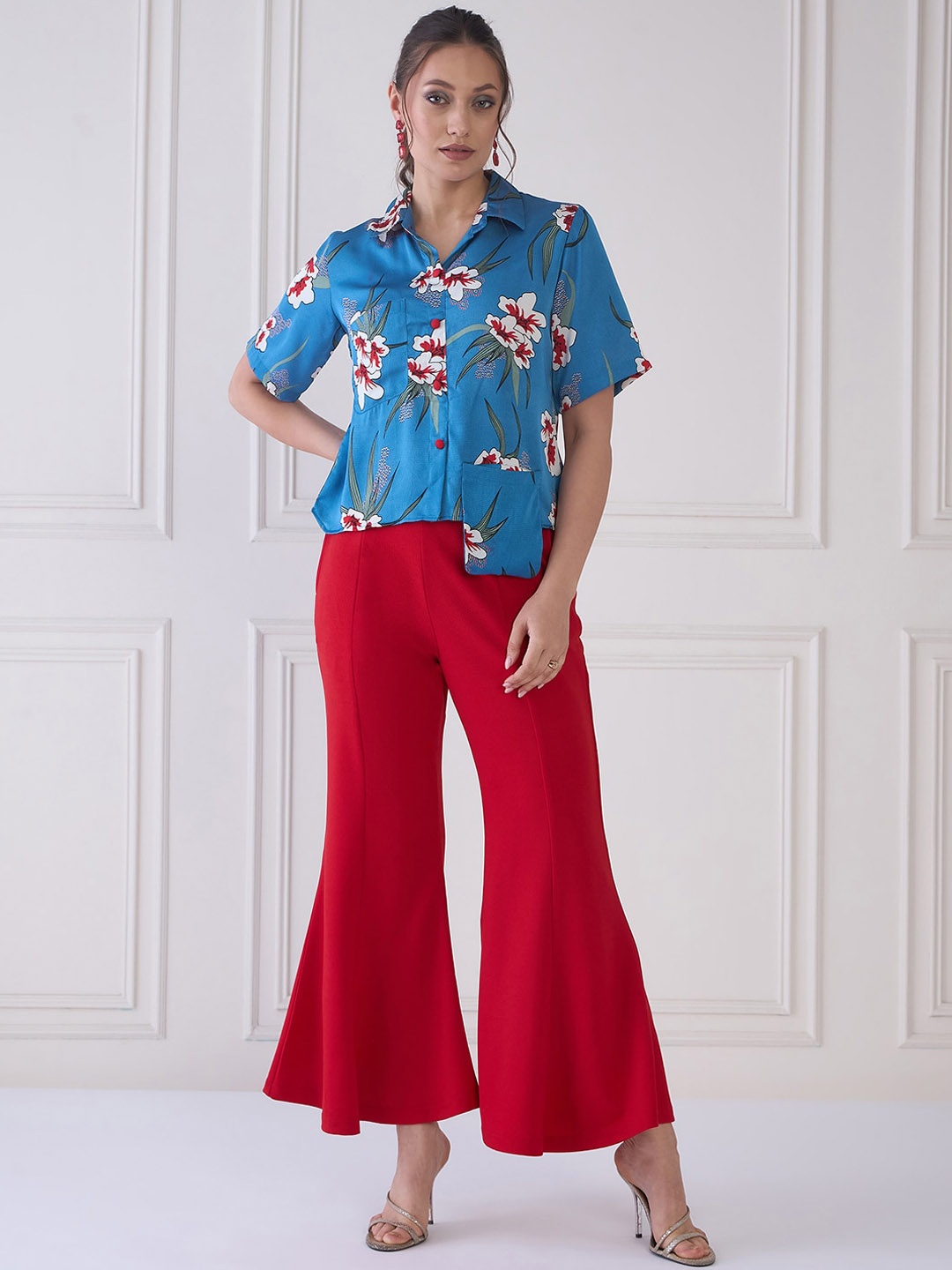

Antheaa Elit Floral Printed Shirt & Flared Trousers, Blue