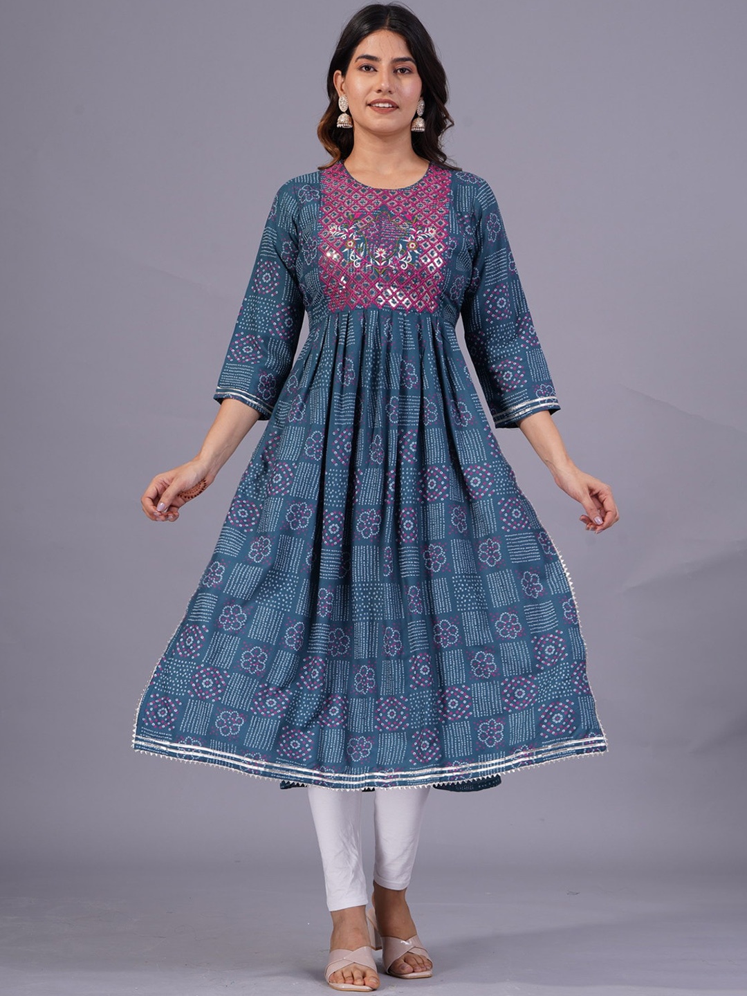 

SARAI CREATIONS Bandhani Printed Embroidered Thread Work A Line Kurta, Teal