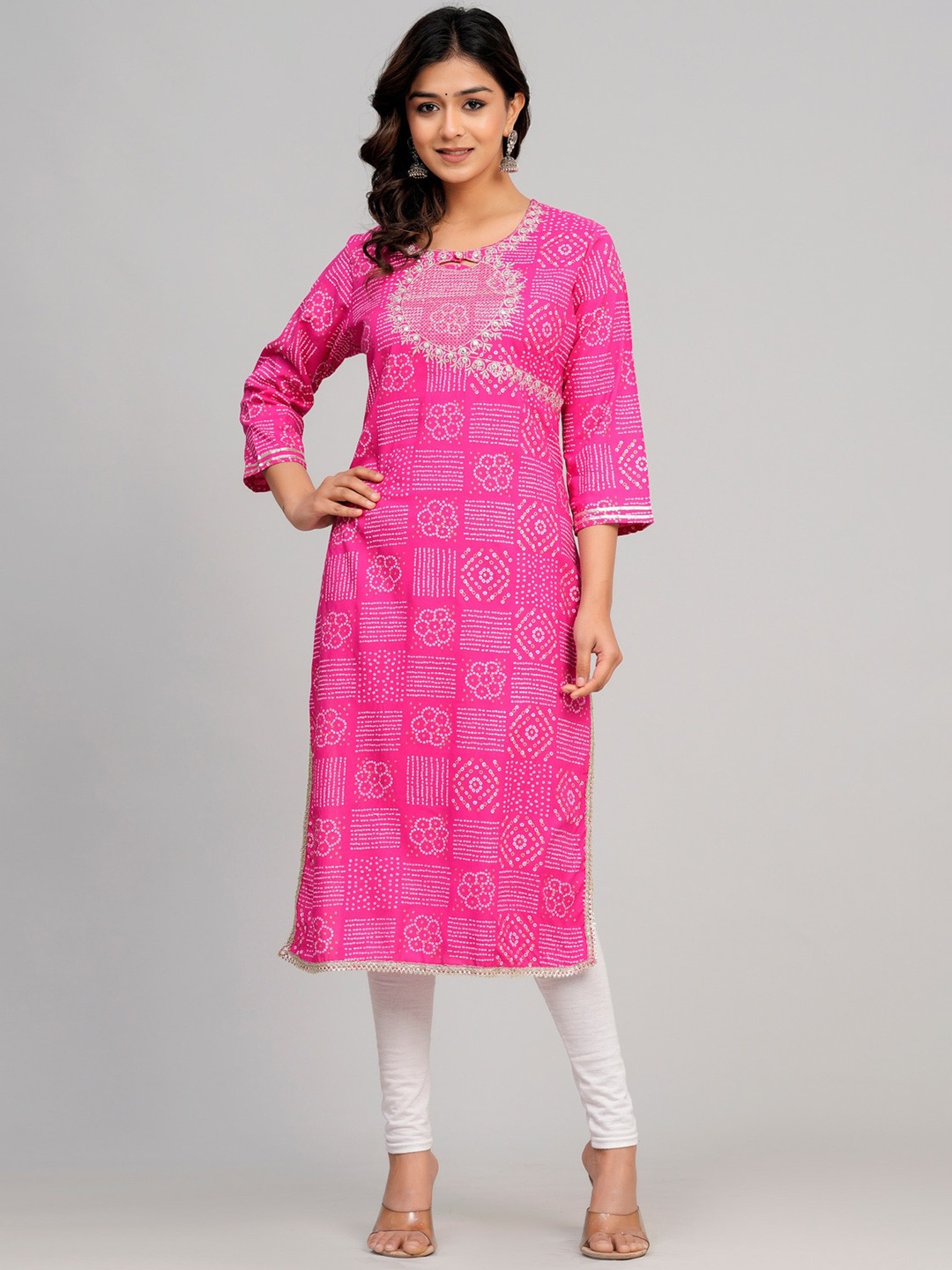 

SARAI CREATIONS Zari Embroidered Printed Key Hole Neck Straight Kurta, Pink