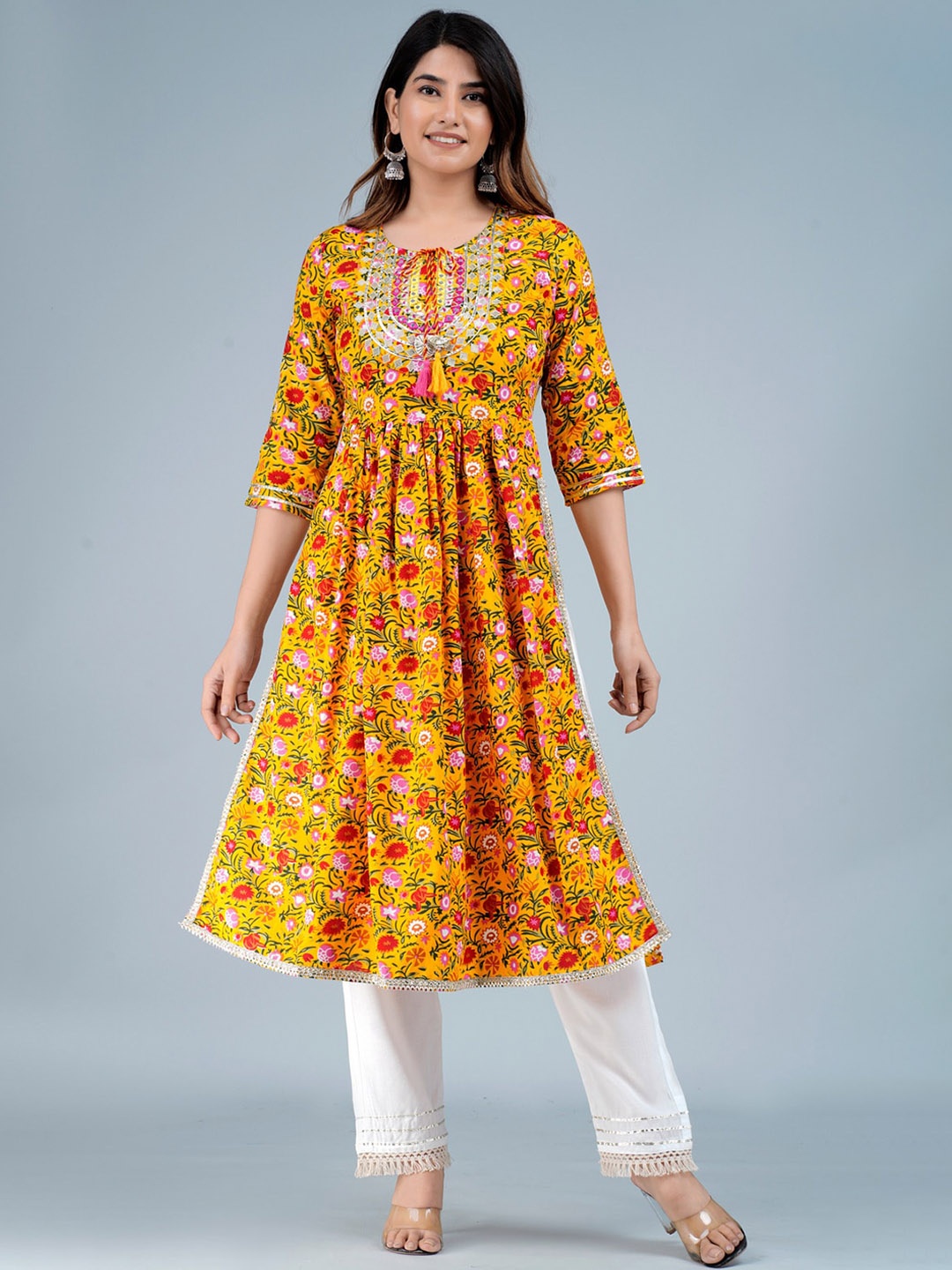 

SARAI CREATIONS Tie Up Neck Floral Printed Zari and Mirror Work A Line Kurta, Yellow