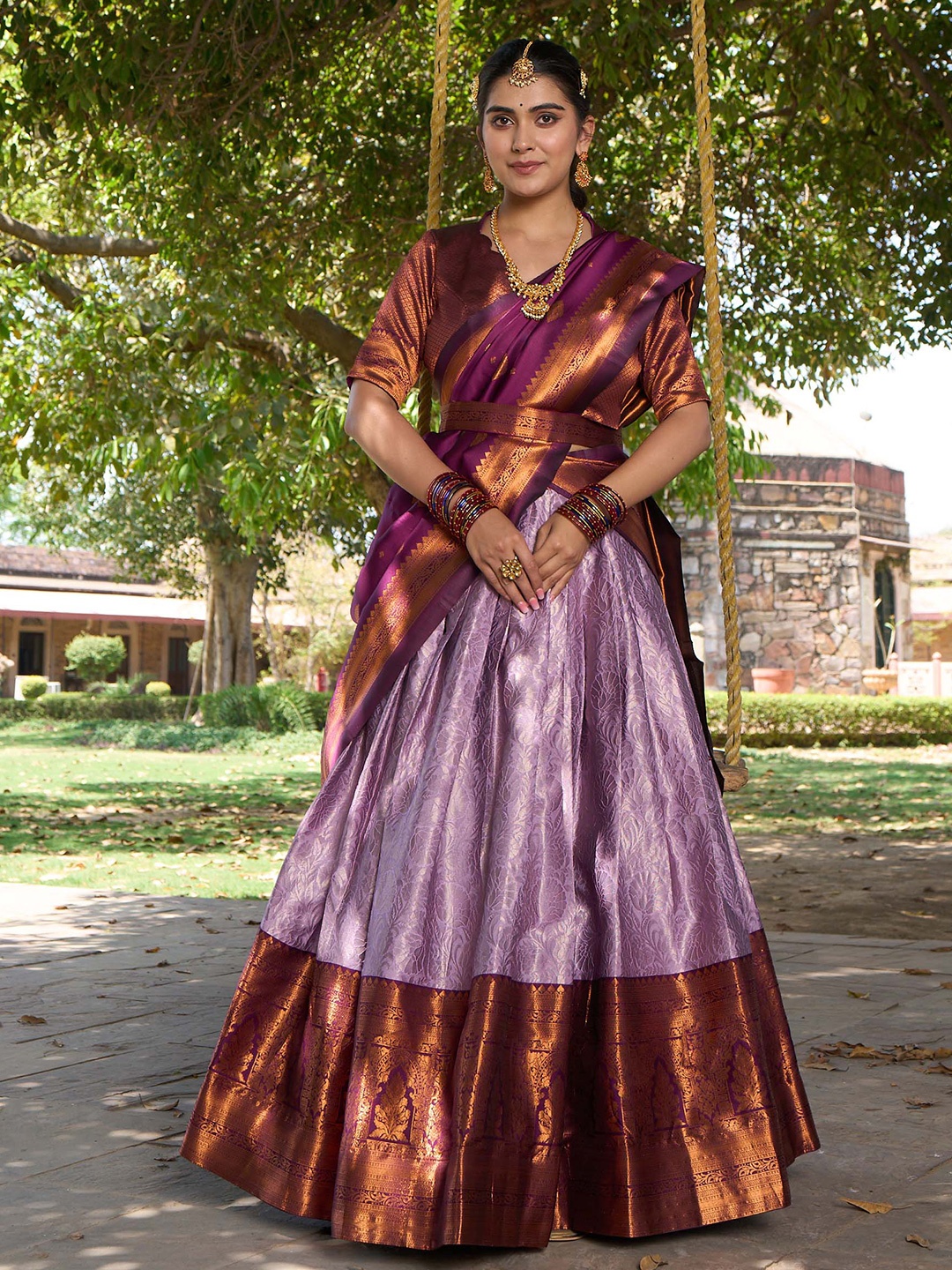 

LOOKNBOOK ART Woven Design Silk Semi Stitched Lehenga & Unstitched Blouse With Dupatta, Lavender