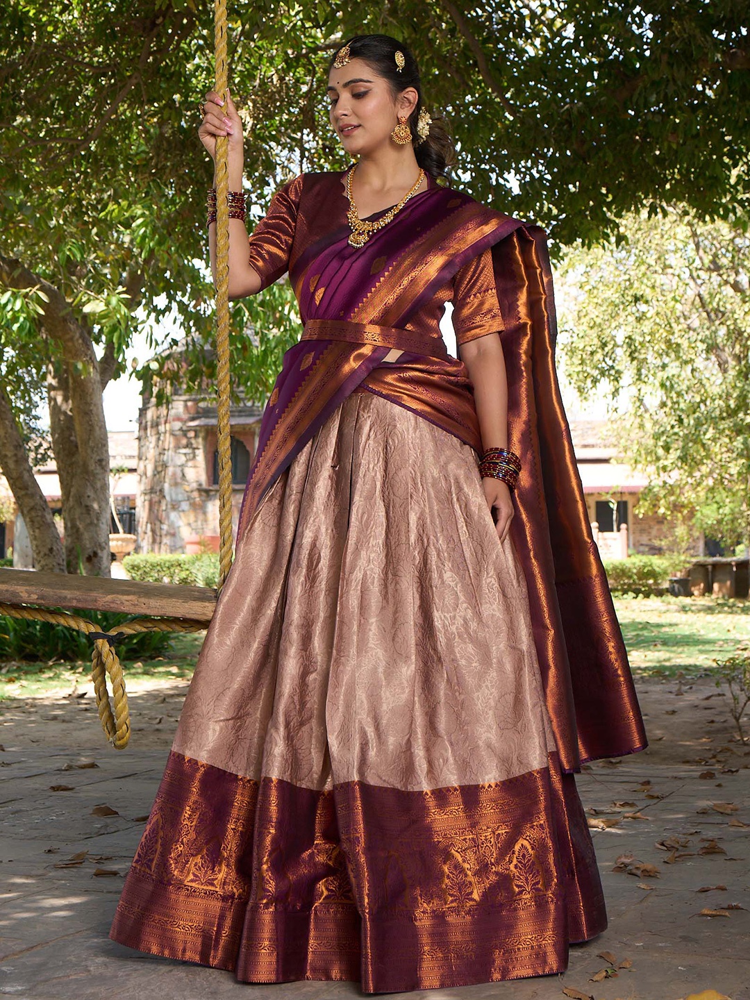 

LOOKNBOOK ART Woven Design Silk Semi Stitched Lehenga & Unstitched Blouse With Dupatta, Rose gold