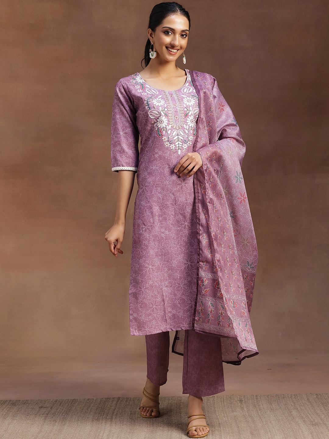

Libas Floral Yoke Design Regular Thread Work Kurta with Palazzos & Dupatta, Mauve