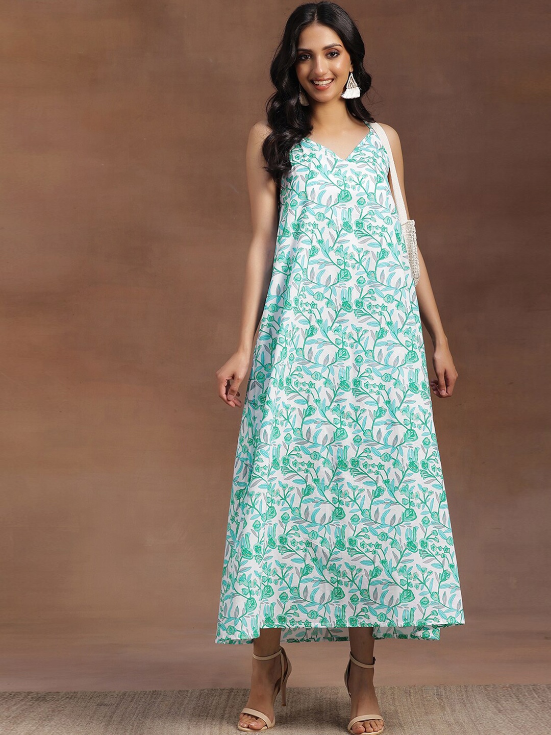 

Libas Floral Printed V-Neck Sleeveless Cotton Maxi Dress, White