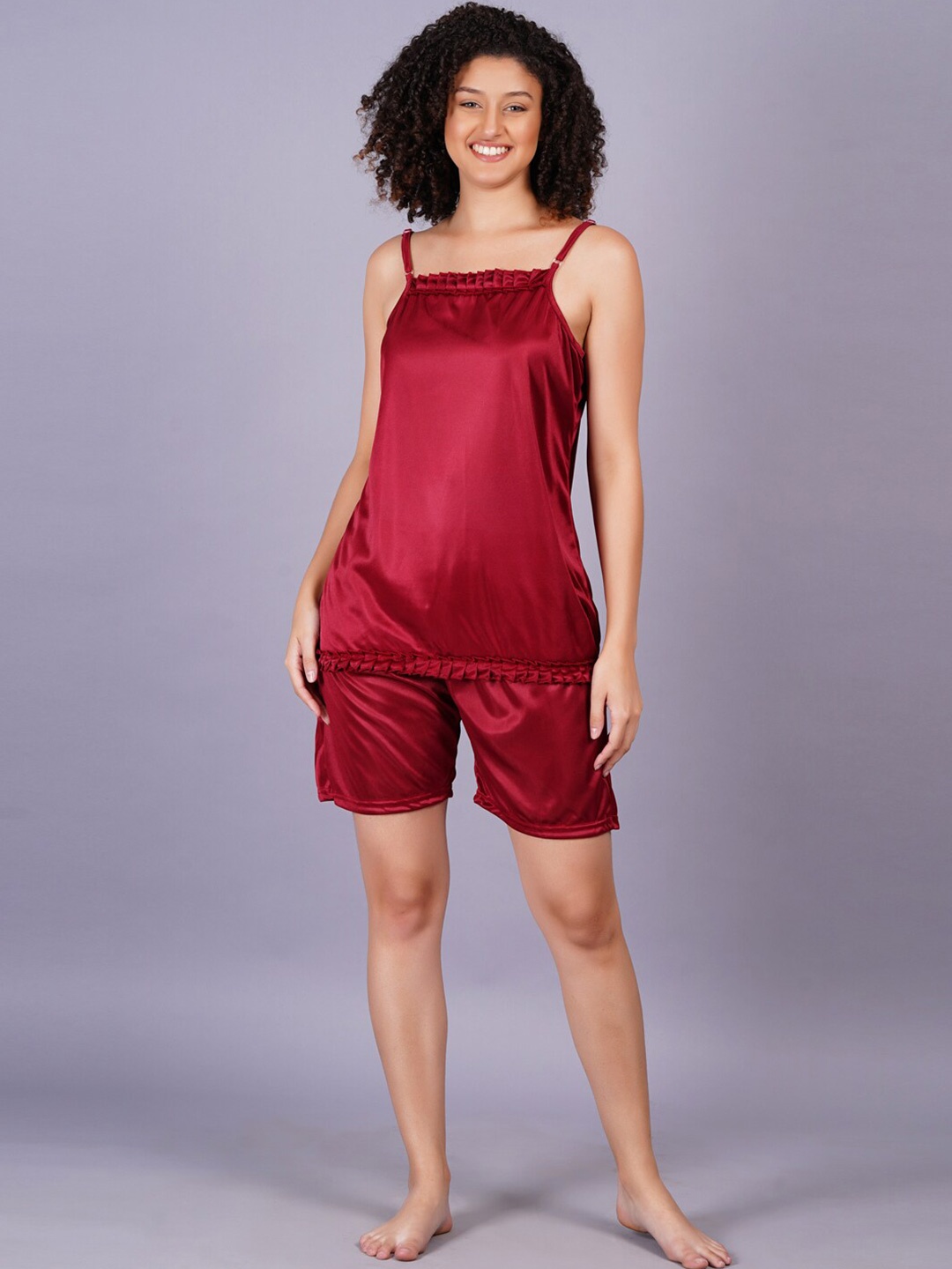 

Breezly Shoulder Straps Satin Night Suit, Maroon