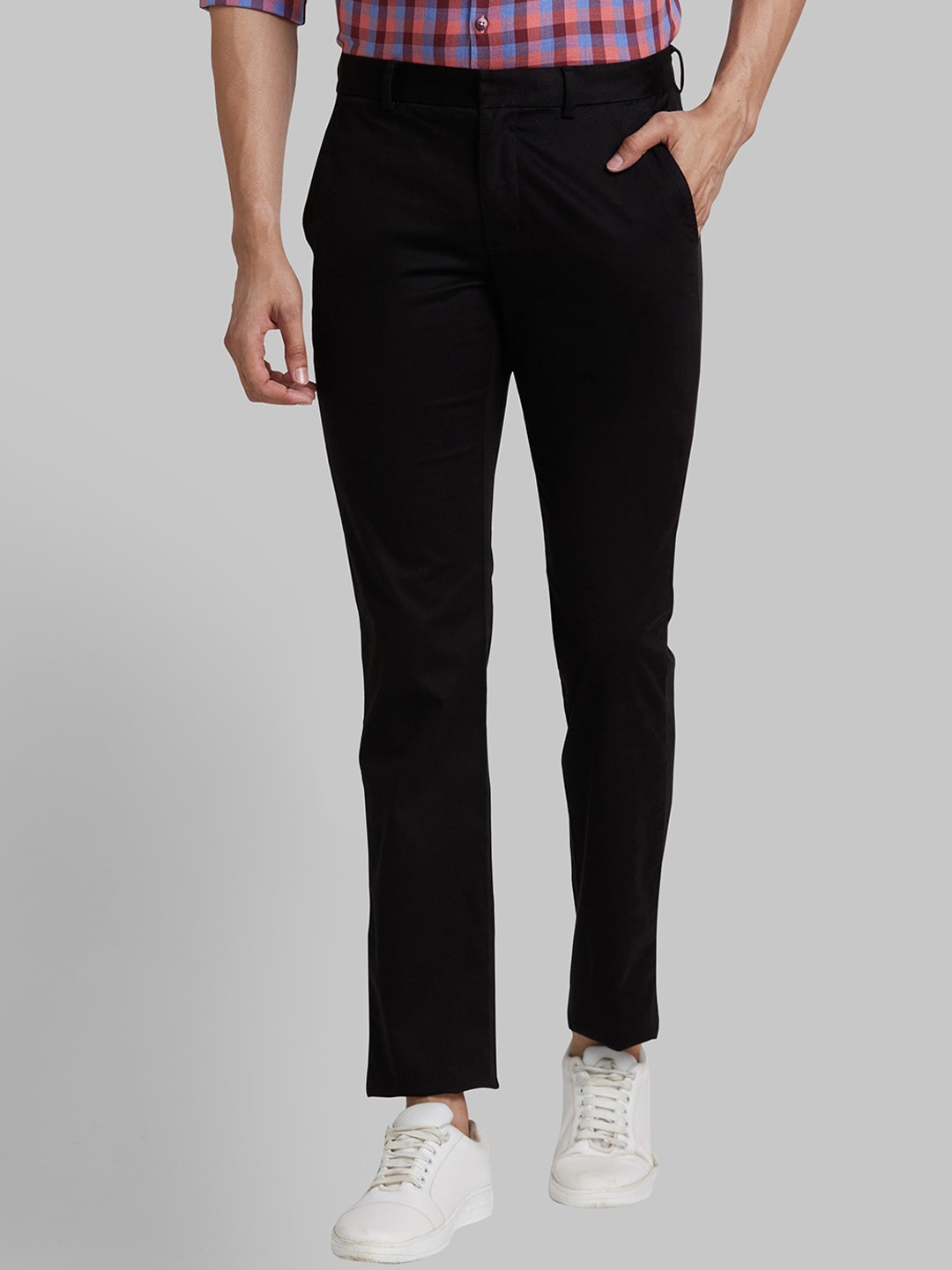 

Park Avenue Men Self Design Mid-Rise Super Slim Fit Trousers, Black