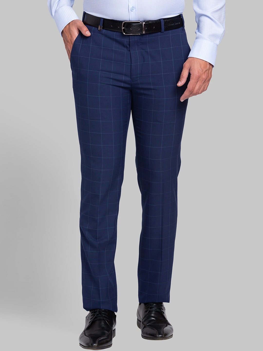 

Park Avenue Men Mid-Rise Plain Checked Slim Fit Formal Trousers, Blue