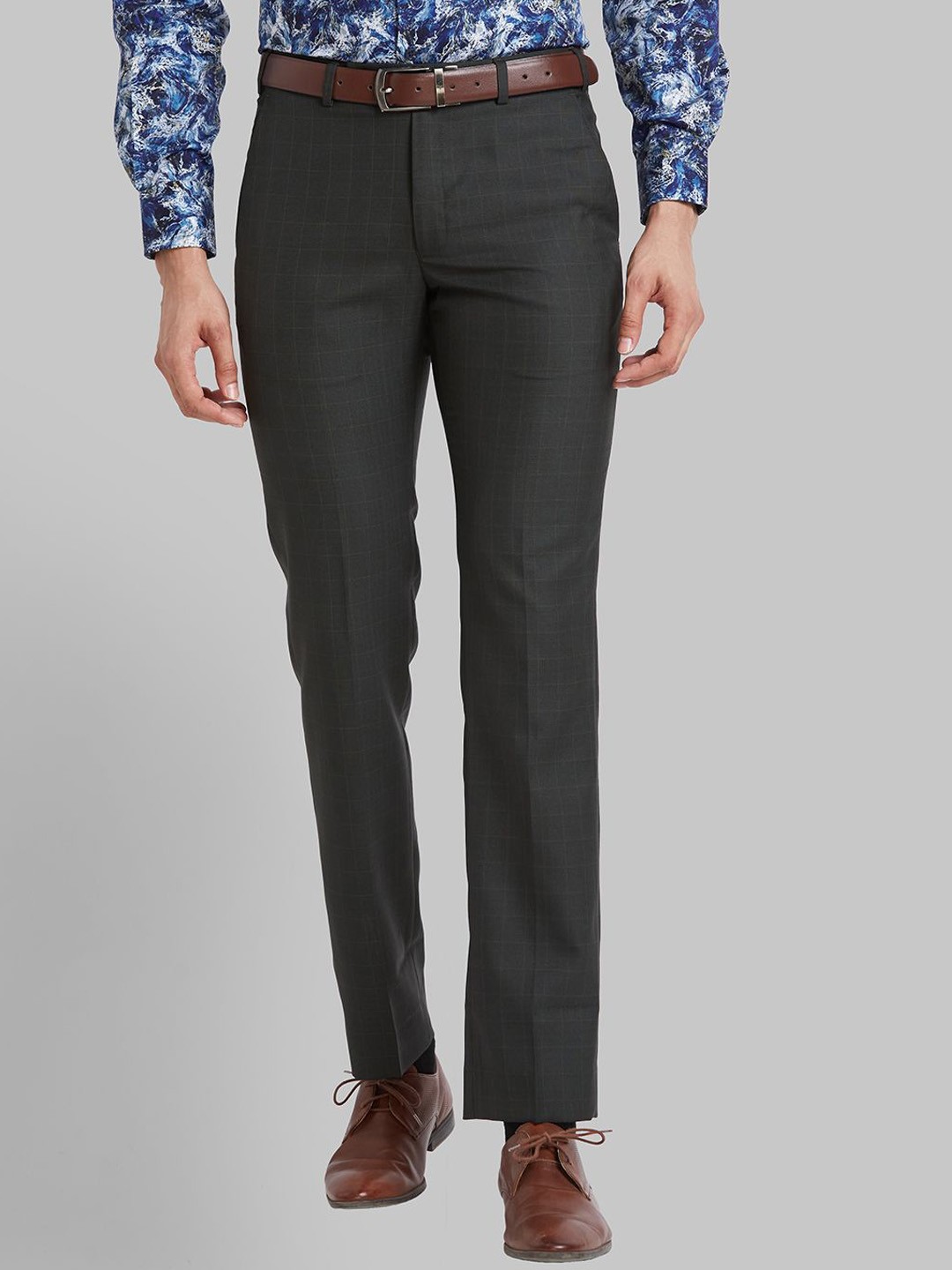 

Park Avenue Men Textured Checked Slim Fit Formal Trousers, Green