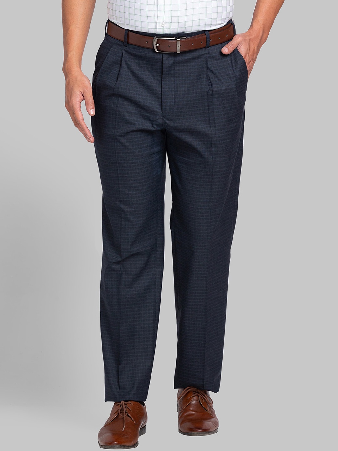 

Park Avenue Men Mid-Rise Checked Pleated Formal Trouser, Blue